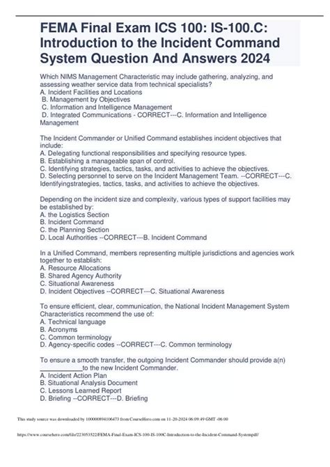 FEMA Final Exam ICS 100: IS-100.C: Introduction to the Incident Command ...