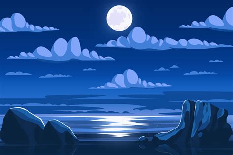 Sea ocean scenery at night with full moon and cloud background vector ...