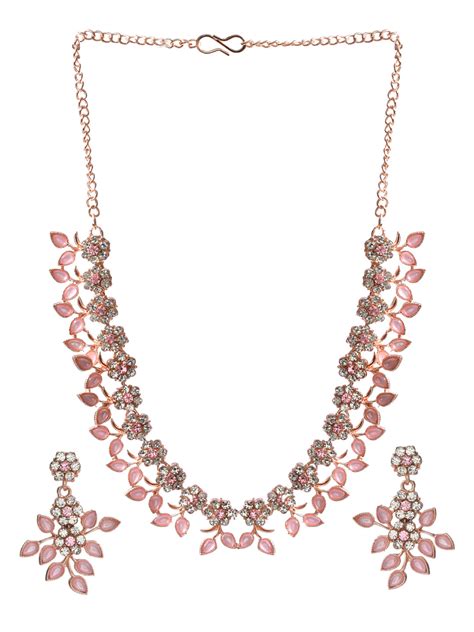Priyaasi Pink Studded Floral Rose Gold Plated Jewellery Set