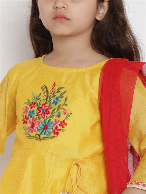 Shop Bitiya By Bhama Girls Yellow & Red Embroidered Kurta With Trousers ...