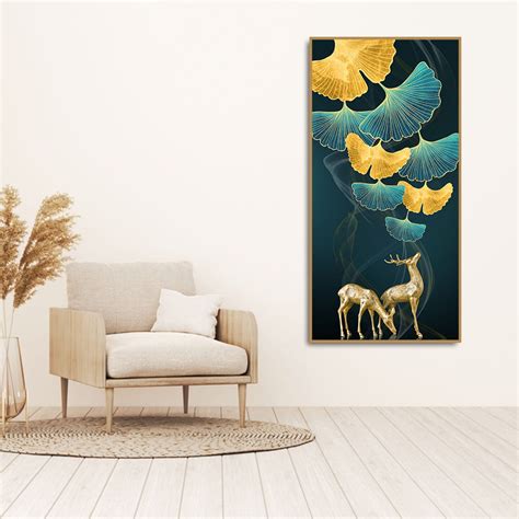 Modern Abstract Green Leaf with Deer Premium Canvas Wall Painting ...