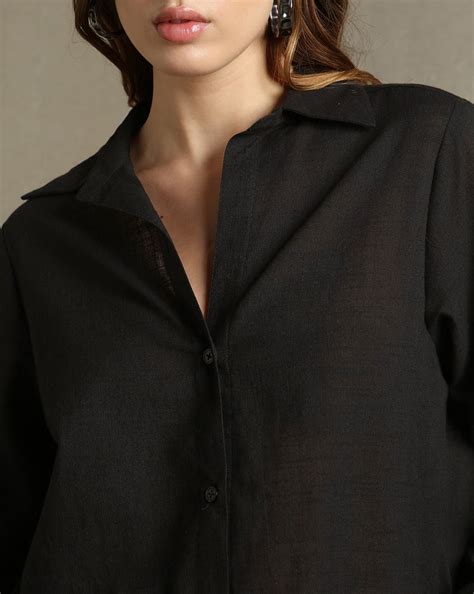 DL Woman Black Solid Textured Spread Collar Full Sleeves Oversized Shi ...