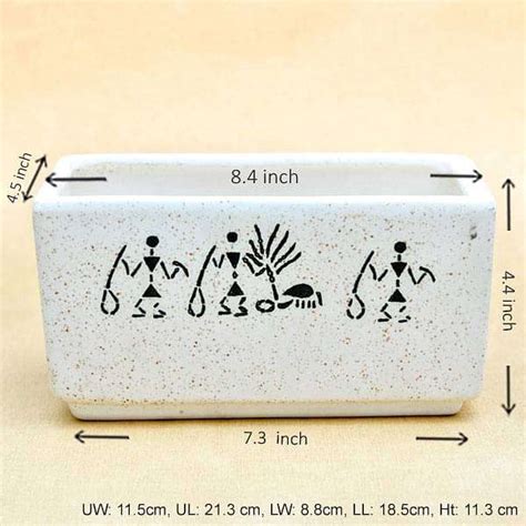 Buy 8.4 inch (21 cm) Warli Painting Marble Finish Rectangle Ceramic Pot ...