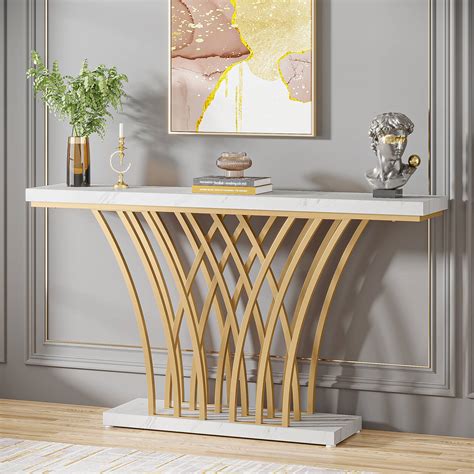 Console Table, 59 ” Faux Marble Entryway Table with Geometric Metal ...