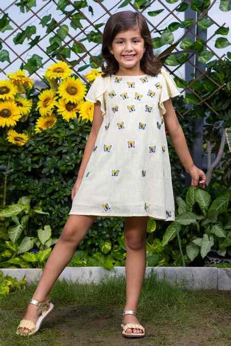 Buy Yellow Cotton Embroidery Butterfly Dress For Girls by Littlecheer ...