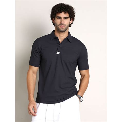 Buy Campus Sutra Men Midnight Black Seamless Ribbed Polo T-Shirt Online