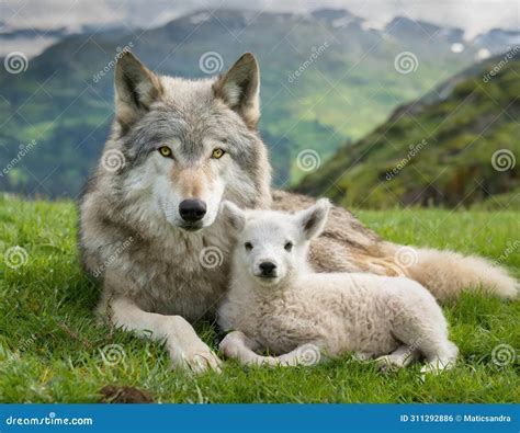 The Wolf Lying with the Lamb. Generated with AI Stock Illustration ...