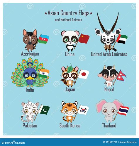 Asian Country Flags and National Animals Stock Vector - Illustration of national, asian: 151601701