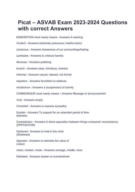 PICAT Verification Test (ASVAB) latest Real Exam 100 Questions and ...