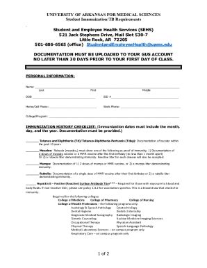 Fillable Online Student Immunization/TB Requirements 1 of 2 - UAMS ...