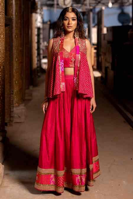 Buy Pink Silk Embroidery Aari V Bigul Bandhani And Bloom Short Jacket ...
