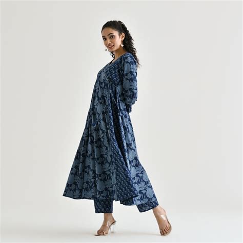 Buy Indigo Floral Angarakha Cotton Kurta with Embroidered Neckline ...