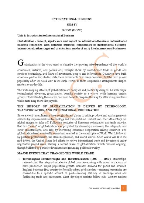 INTERNATIONAL BUSINESS B.COM (HONS) Unit 1: Globalization & Its Impact ...