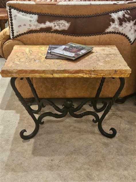 WROUGHT IRON Side Table with Travertine Top – - Mexports