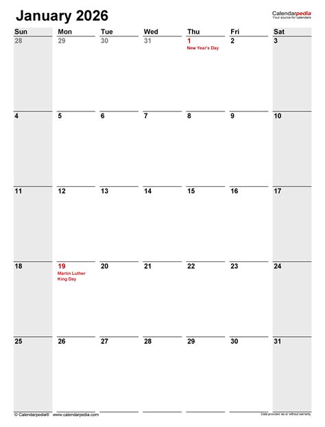 January 2026 Calendar | Templates for PDF, Excel and Word