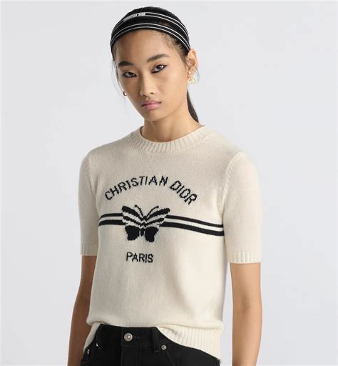 Short-Sleeved Sweater White Cashmere Knit with Black Christian Dior ...