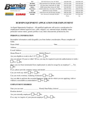 Fillable Online Burnips Equipment Employment Application Fax Email ...