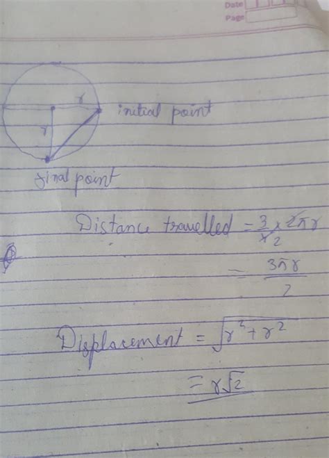 A car travel 3/4th of a circle of radius “r”. Find the ratio of the ...