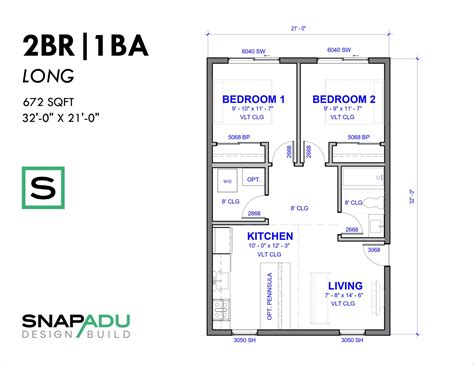 2 Bedroom ADU Floorplan under 700 sqft