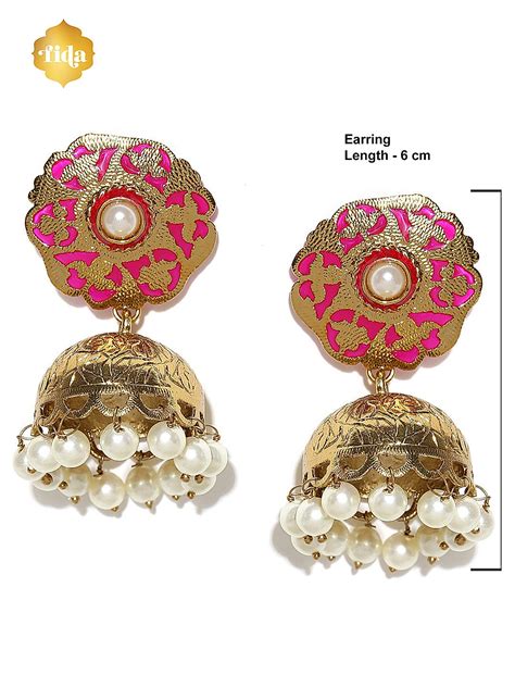 Gold-Toned Pink Textured Jhumka Earrings