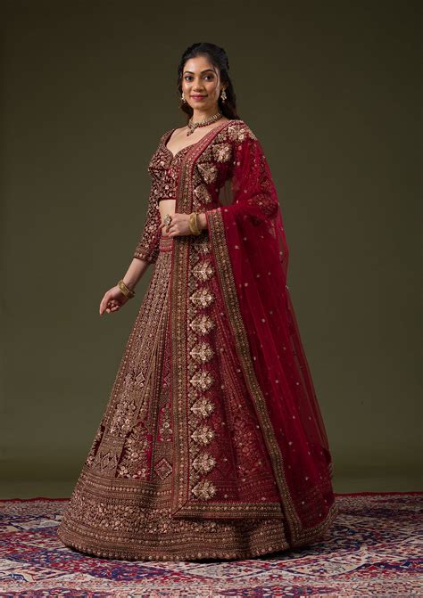 Buy Maroon Zariwork Velvet Readymade Lehenga - Koskii