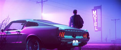 Ford Mustang GT Fastback Wallpaper 4K, Drive, Motel, Neon, 5K