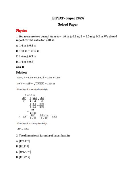 BITSAT 2024 Solved Paper: Physics Questions and Solutions - Studocu