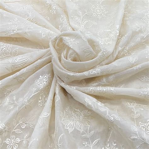 Off White Floral Butti Sequins Cotton Embroidery – Saroj Fabrics