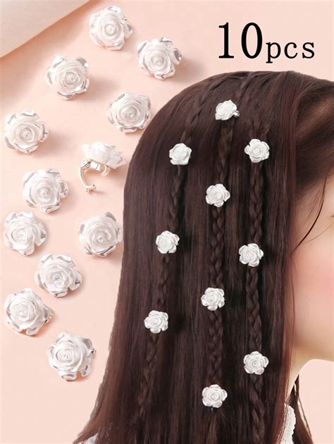 10pcs Red Rose Pattern Hair Clips For Girls, White Flower Hair ...