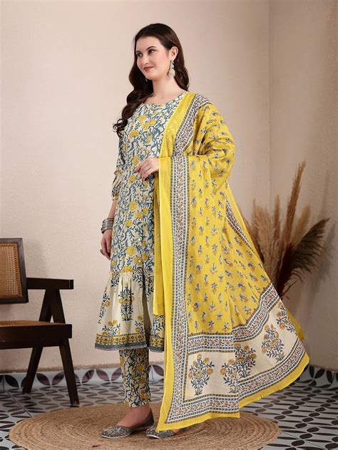 Yellow And Beige Pure Cotton Floral Print Tiered Kurta Dupatta Set ...