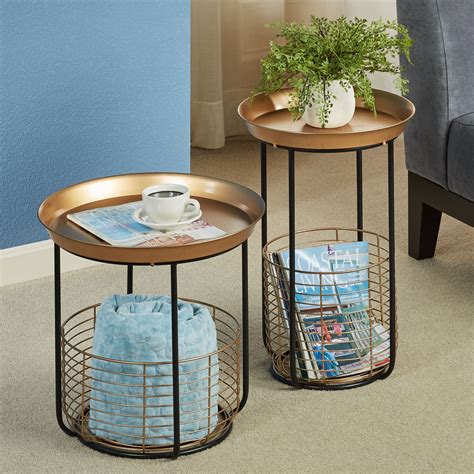 Macayle Round Metal Accent Tables with Wire Storage Baskets Set