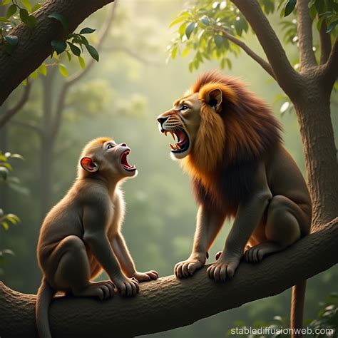Monkeys Teasing a Lion in a Tree | Stable Diffusion Online