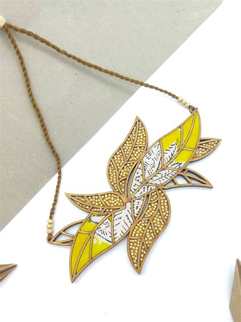 WHE Bloom Leaf Motif Repurposed Fabric and Wood Yellow Necklace ...