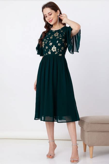 Dark Green Embroidered Calf Length Festive Women Regular Fit Dresses ...
