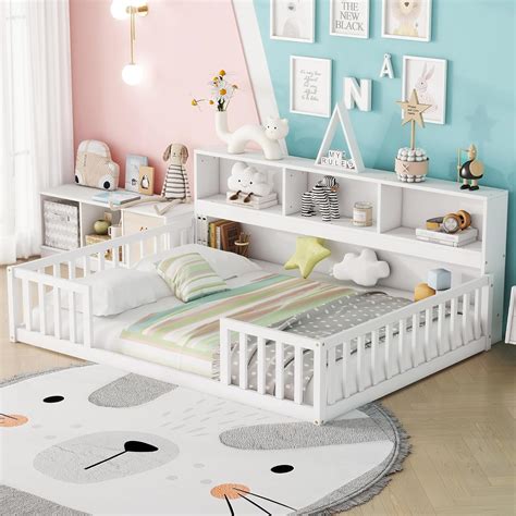 Amazon.com: Kids Montessori Floor Bed,Full Size Floor Bed with Bookcase ...