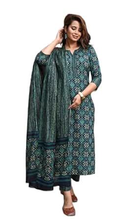 Buy LookMark Women's Printed Cotton Blend Straight Kurta Pant Dupatta ...