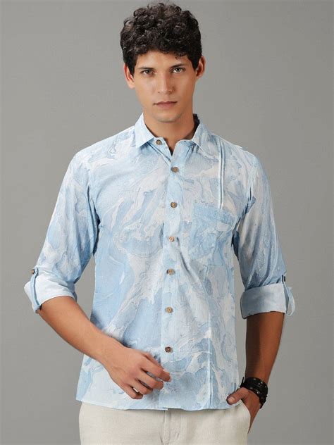 Hand Printed Men's Shirt - Sky Blue – Charkha Tales