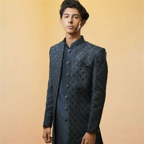 Navy Blue Textured Indo-Western Sherwani on Rent – Posh Wedding Rental