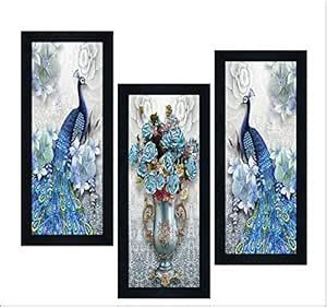 SAF Set of 3 Peacock Designer UV Coated Framed Digital Reprint 22. 5 ...