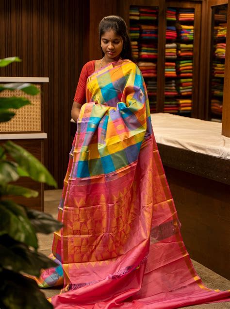 Yellow Blue and Pink Multi checks Pure Kanjivaram Silk Sari – Clio Silks