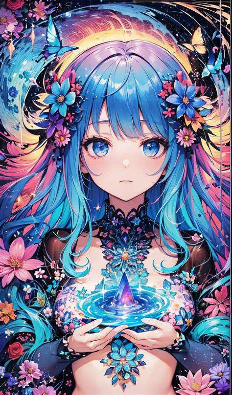 A girl with blue hair and blue eyes holding a crystal - SeaArt AI