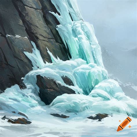 Ice formations cover a rock face with snow around the base. on Craiyon