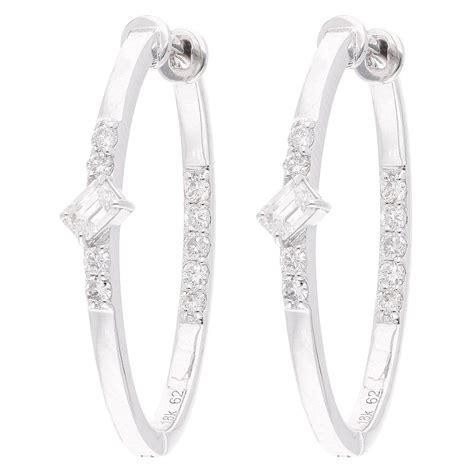 3.90 Carat SI/HI Baguette Round Diamond Hoop Earrings 18 Karat White ...