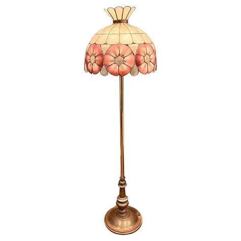 Art Noveau Antique Capiz Shell and Brass Floor Lamp For Sale at 1stDibs