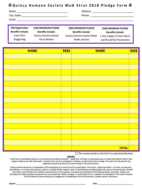 Fillable Online Quincy Humane Society Mutt Strut 2018 Pledge Form Fax ...