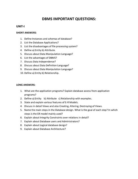 II IIR18 IT DBMS - DBMS IMPORTANT QUESTIONS: UNIT-I SHORT ANSWERS ...