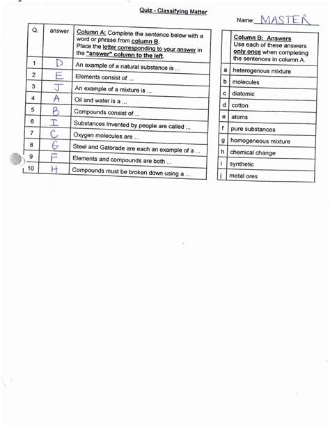 Image result for Classifying Matter Worksheet Answer Key