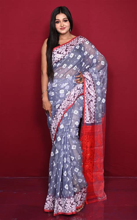 Traditional Cotton Muslin Soft Jamdani Saree in Ash, Red and Off White ...