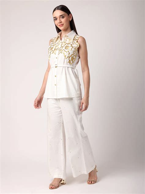 White Co-Ord Set With Gold Embroidery
