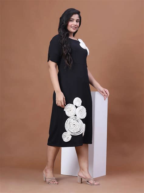 Black A-Line Party Dress with White Flower Appliques